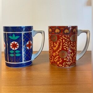 Neiman Marcus Imari-style Porcelain Mug Set – Red & Blue Floral/Geometric Design
